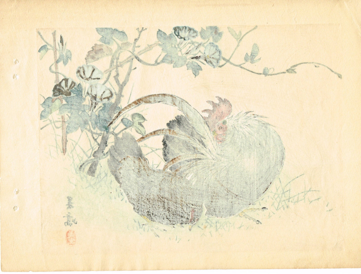 1913, Japanese Woodblock print, antique, Kobayashi Gokyo, "Fowl"