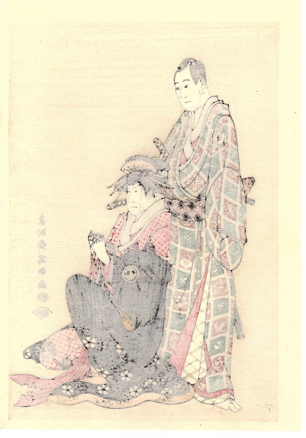 Japanese Ukiyo-e Woodblock print, Sharaku, "Sagawa Kikunojo III as the Courtesan Katsuragi,and Sawamura Sojuro"