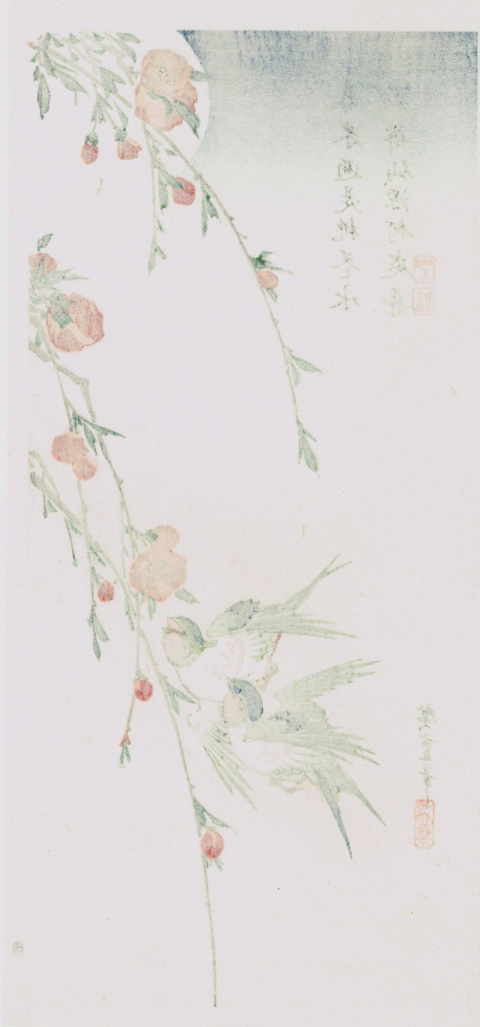Japanese Ukiyo-e Woodblock print, Hiroshige, Flowers, Birds, Winds, Moon "Swallow & Peach Blossom"
