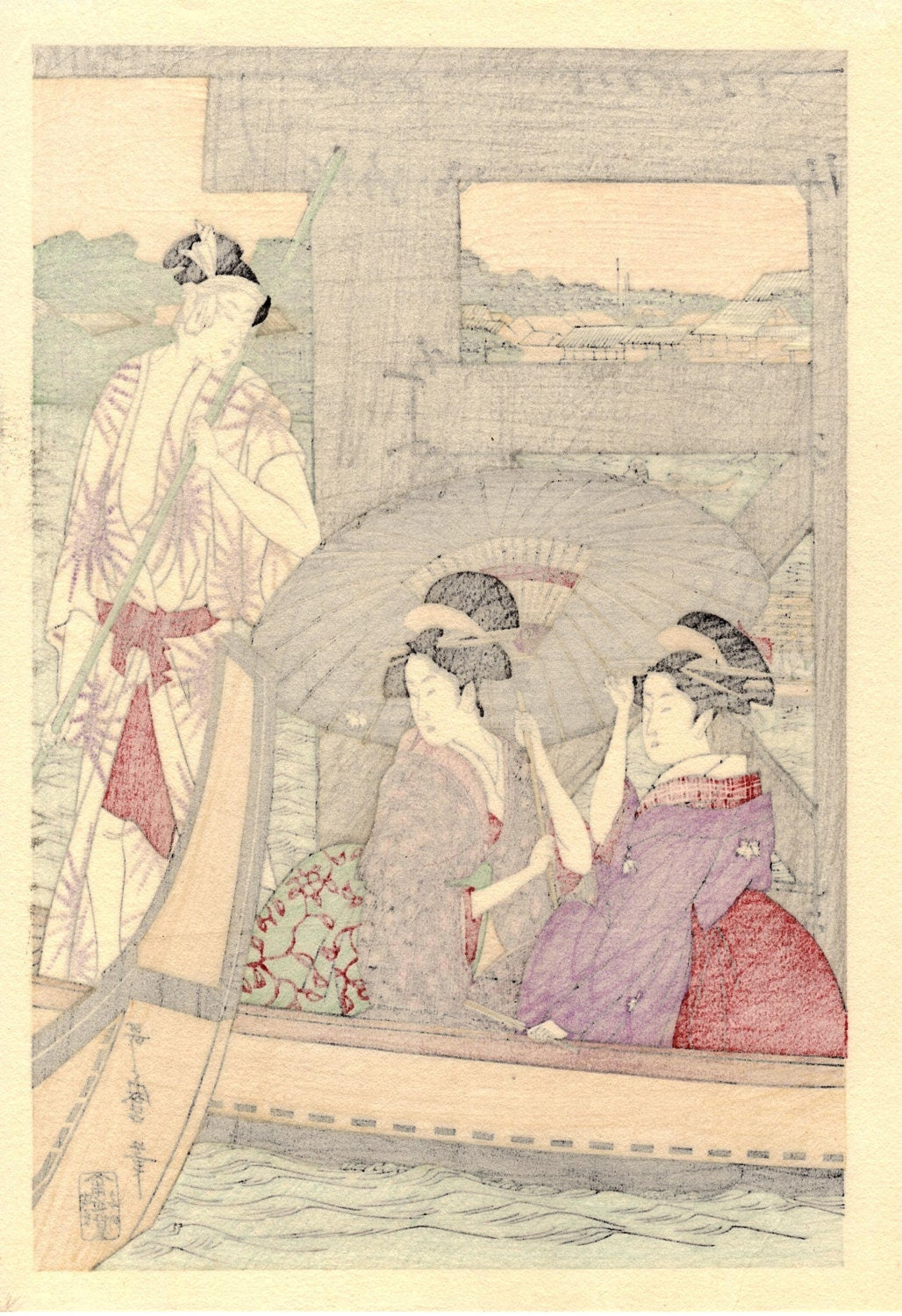 Japanese Ukiyoe, Woodblock print, Utamaro, "On Top of and beneath Ryôgoku Bridge shita"1