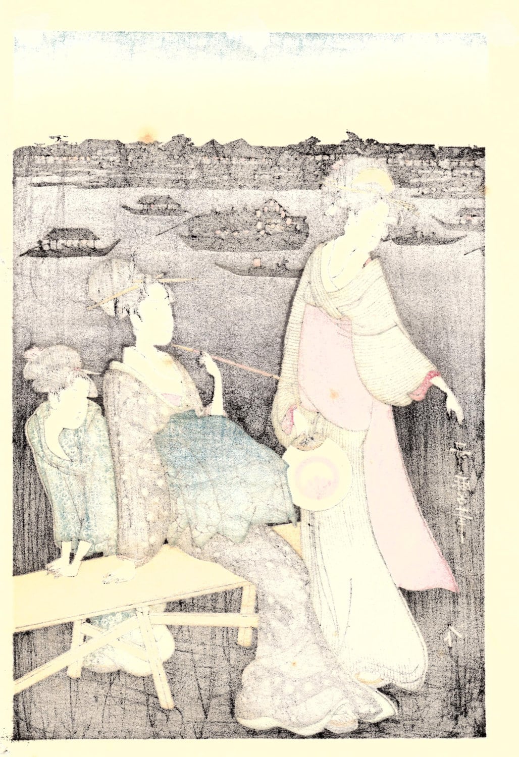 Japanese Ukiyoe, Woodblock print, Utamaro, "Enjoying the Evening Cool " 1