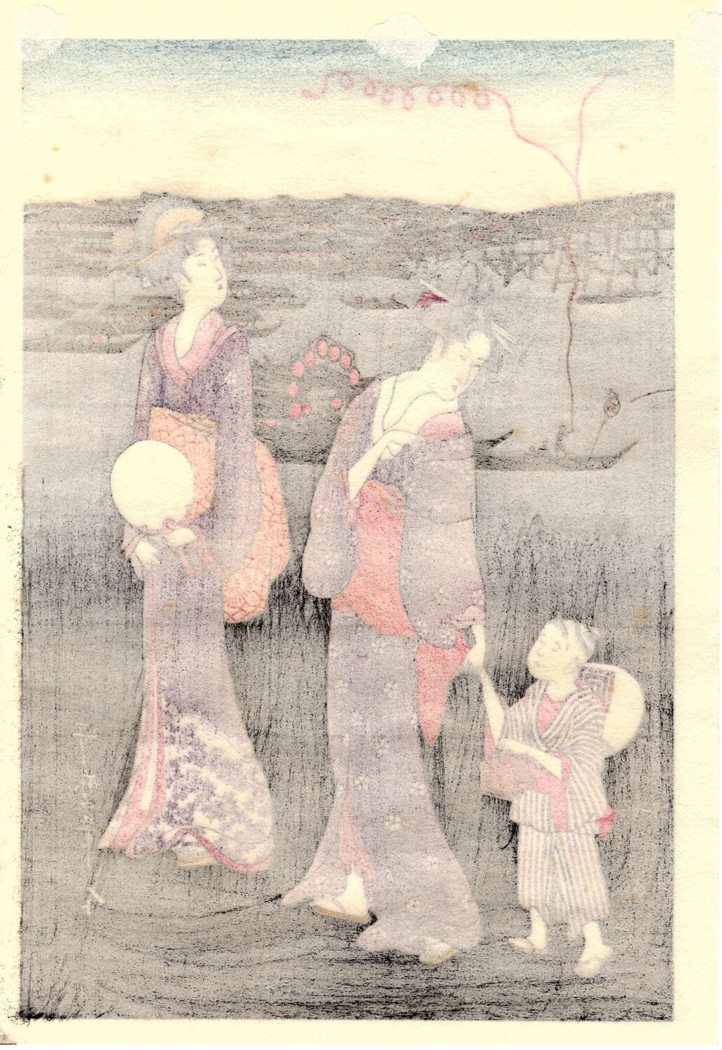 Japanese Ukiyoe, Woodblock print, Utamaro, "Enjoying the Evening Cool " 2