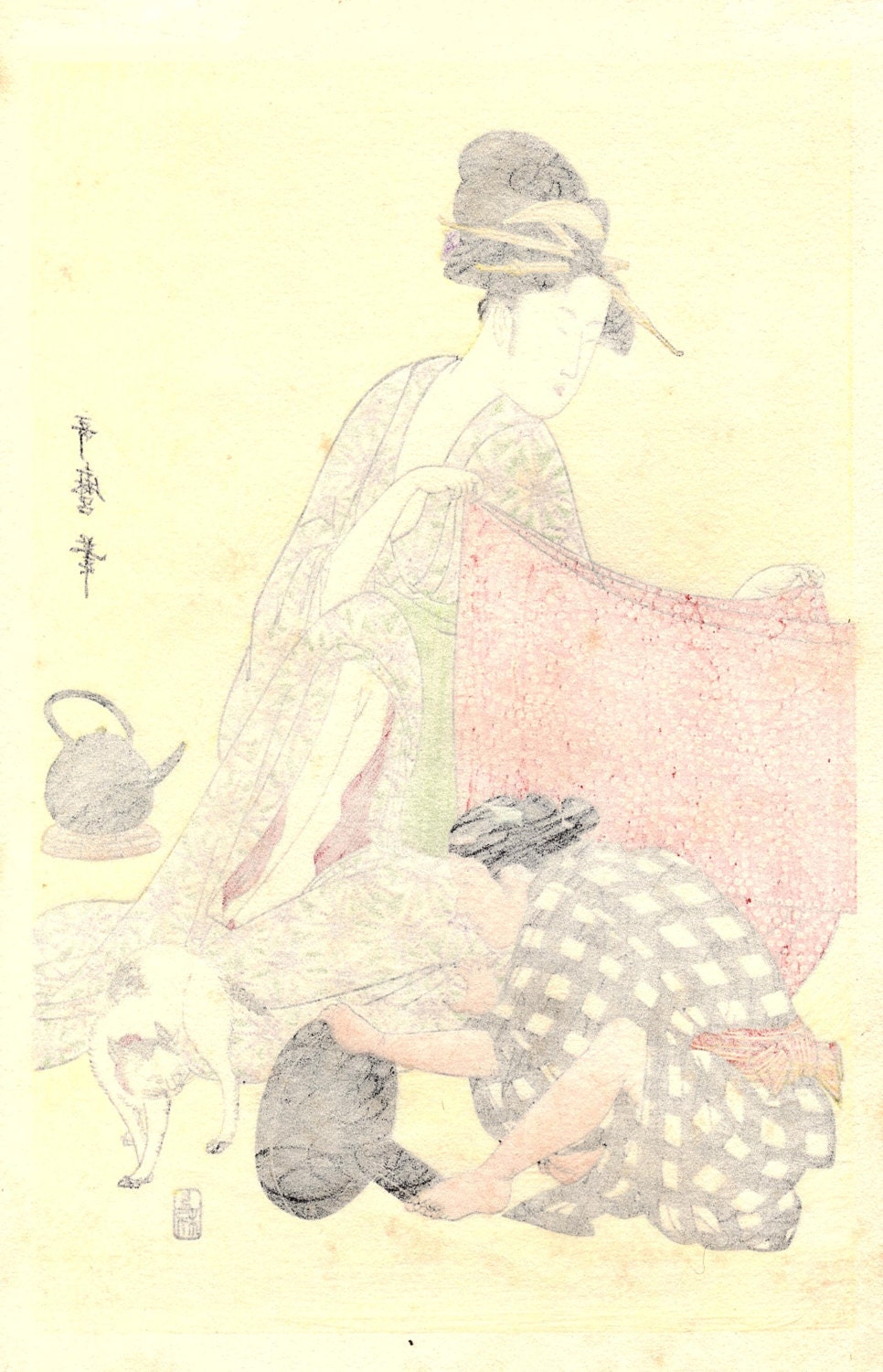 Japanese Ukiyoe, Woodblock print, antique, Utamaro, "Needlework" 2