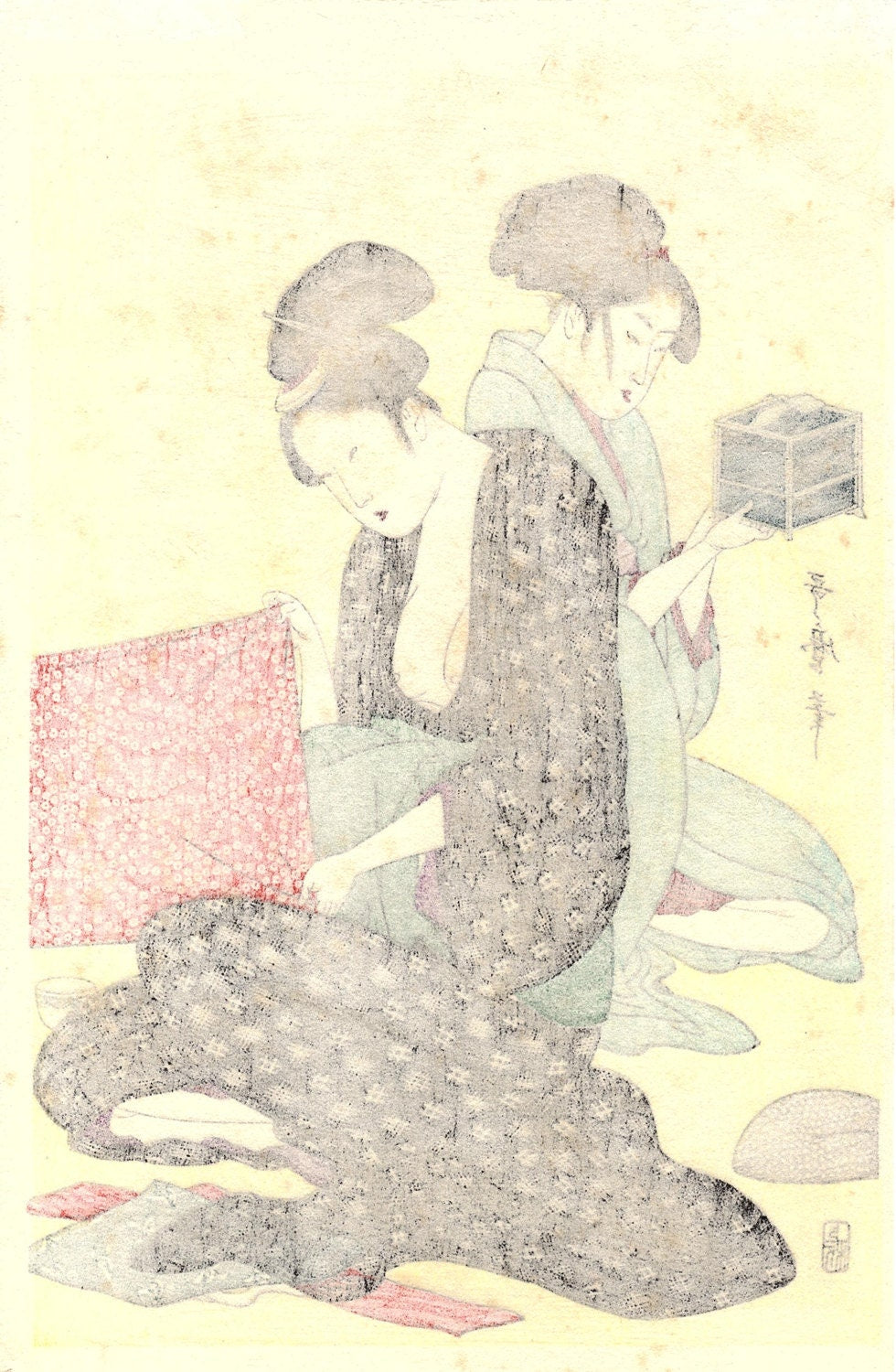 Japanese Ukiyoe, Woodblock print, antique, Utamaro, "Needlework" 1