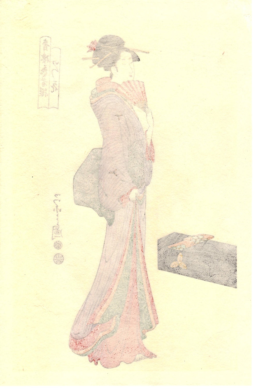 Japanese Ukiyoe, Woodblock print, Eishi, "Three Courtesans Playing Music" 2