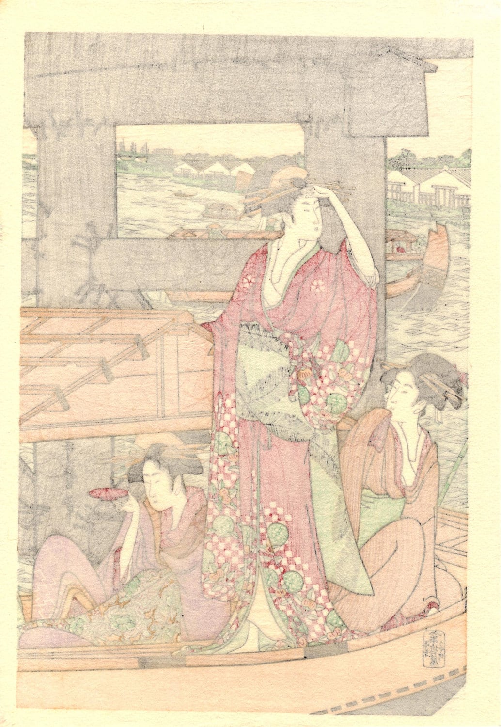 Japanese Ukiyoe, Woodblock print, Utamaro, " Ryôgoku Bridge shita" 2