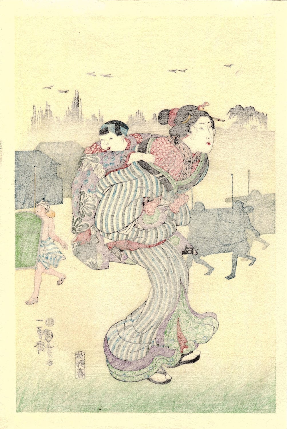 Japanese Ukiyoe, Woodblock print, Kuniyoshi, "Morning Mist at Komagata" 1