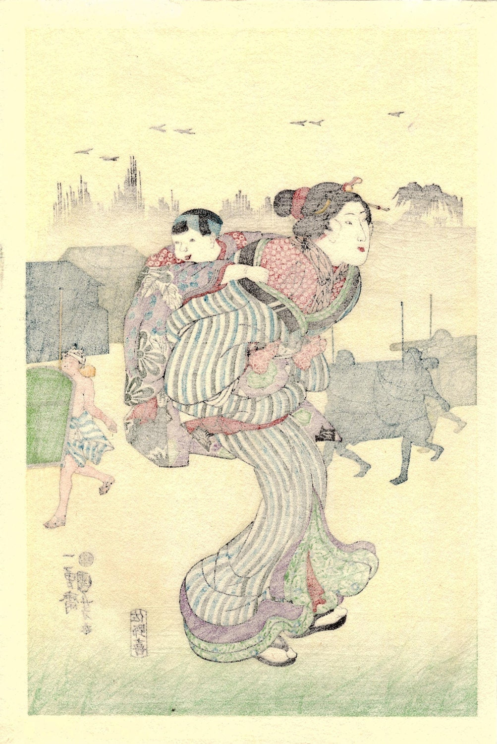Japanese Ukiyoe, Woodblock print, Kuniyoshi, "Morning Mist at Komagata" 1
