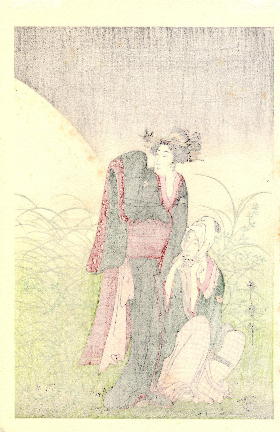 Japanese Ukiyoe, Woodblock print, antique, Utamaro, "Musashino" 1