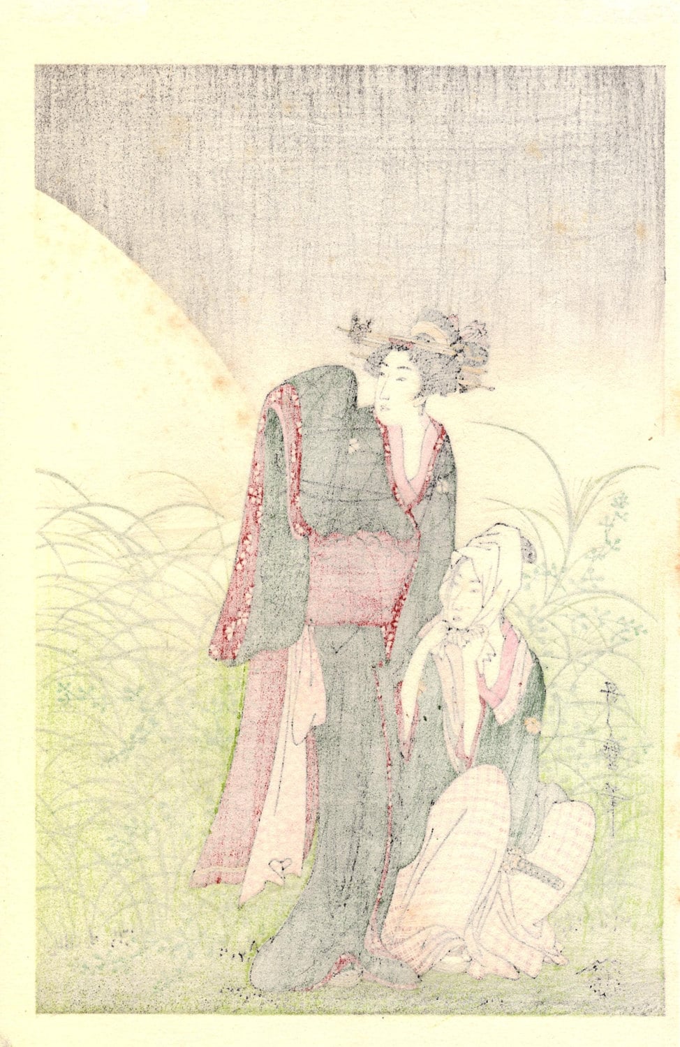 Japanese Ukiyoe, Woodblock print, antique, Utamaro, "Musashino" 1