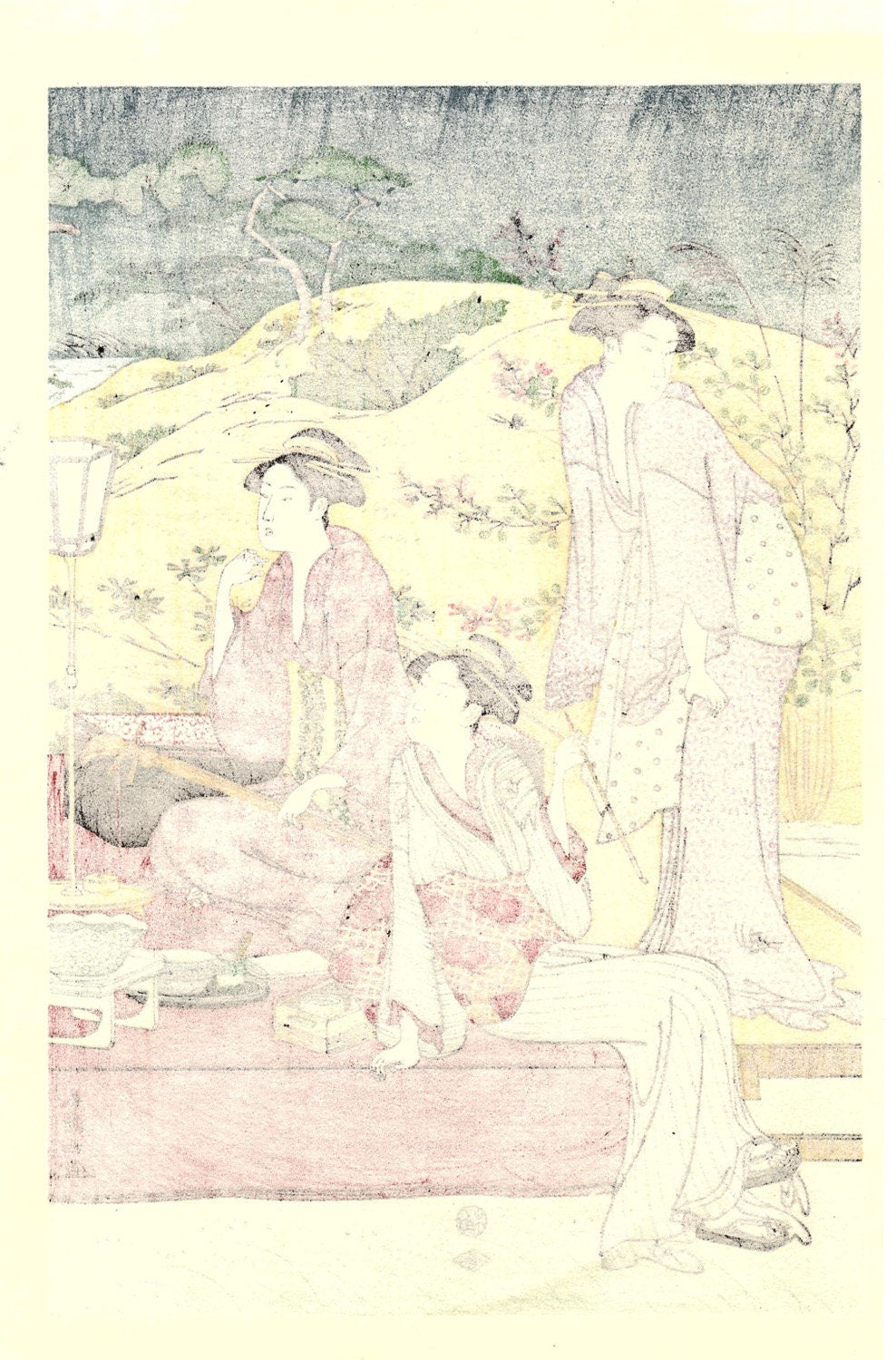 Japanese Ukiyoe, Woodblock print, antique, Shuncho, "A Picnic Party" 2