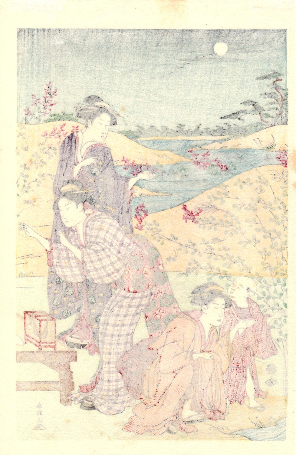 Japanese Ukiyoe, Woodblock print, antique, Katsukawa Shuncho, "A Picnic Party in Autumn" 3