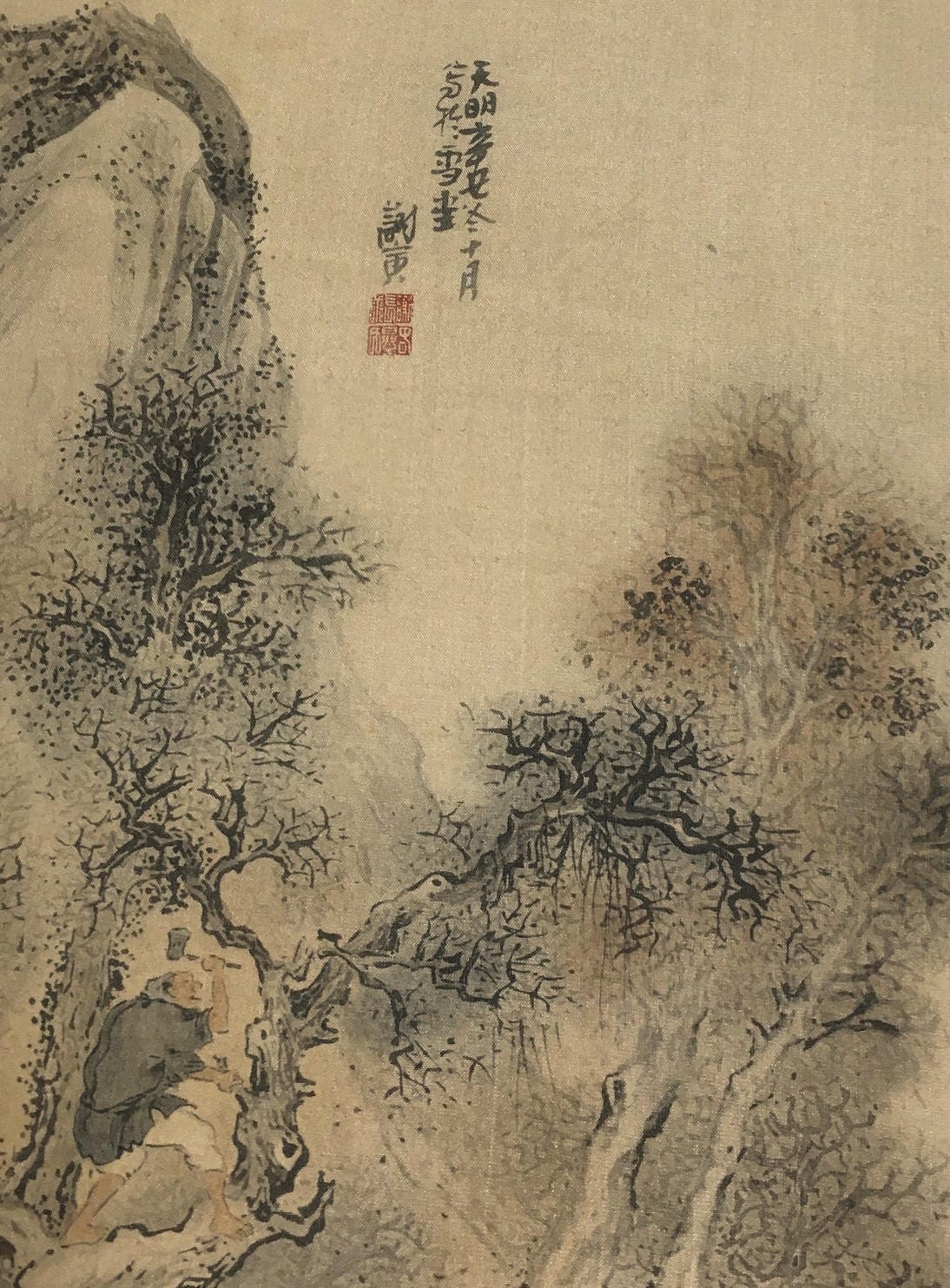1909, Japanese antique woodblock print, Yosa Buson, "渓村晩露、秋林伐木図双福".