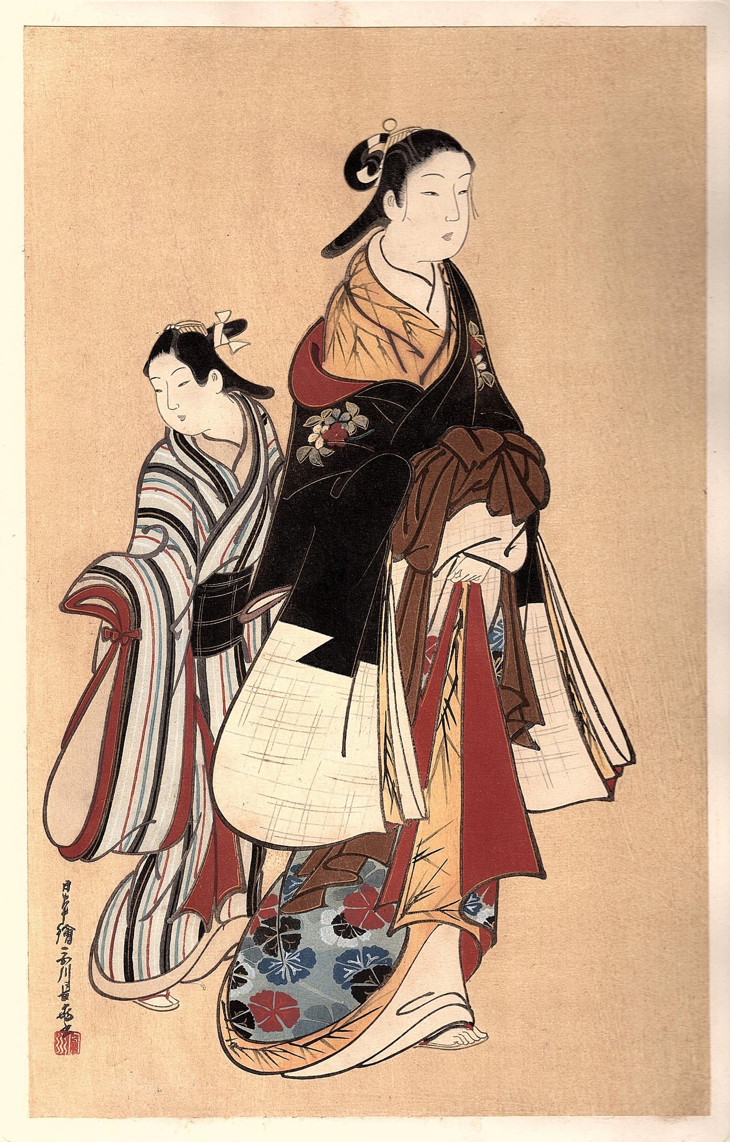 Japanese antique Ukiyoe, woodcut print, 1906, Japanese antique woodblock print, Miyagawa Choki, "美人少女図", from Ukiyoe-ha-gashu.