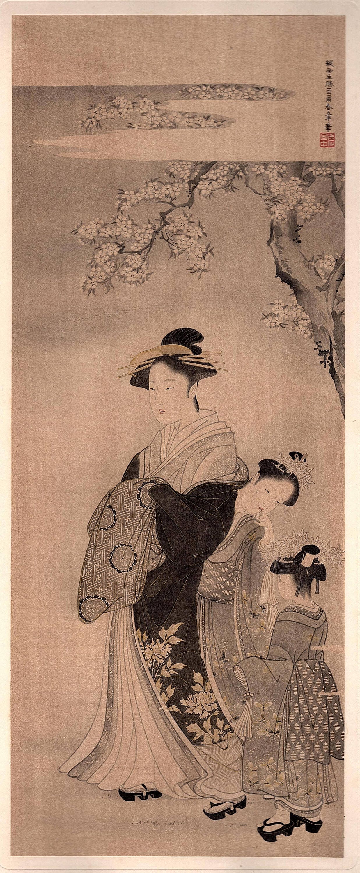 Japanese antique Ukiyoe, woodcut print, 1906, Japanese antique woodblock print, Katsukawa Shunsho, "花下美人図", from Ukiyoe-ha-gashu.