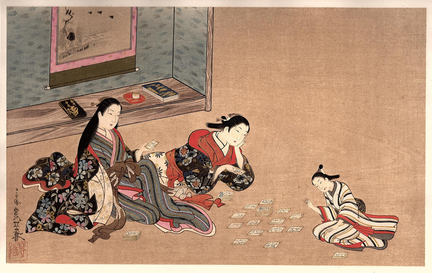1906, Ukiyoe-ha-gashu, Japanese Ukiyoe, woodblock print, Miyagawa Issho, "美人弄骨牌図"