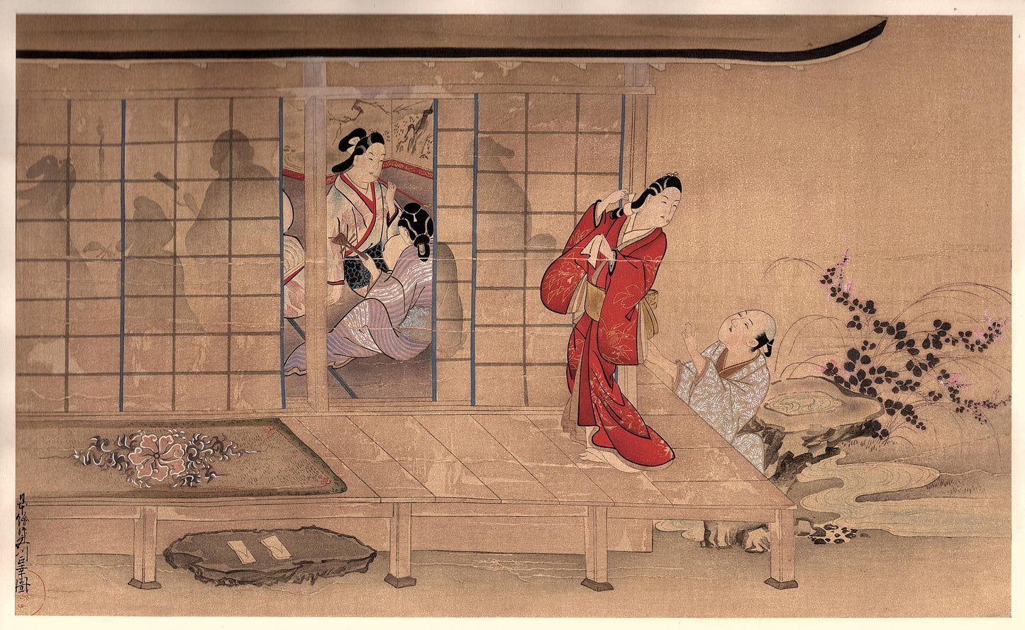 Japanese antique Ukiyoe, woodcut print, 1906, Japanese antique woodblock print, Miyagawa Masayuki, "男女遊興図", from Ukiyoe-ha-gashu.