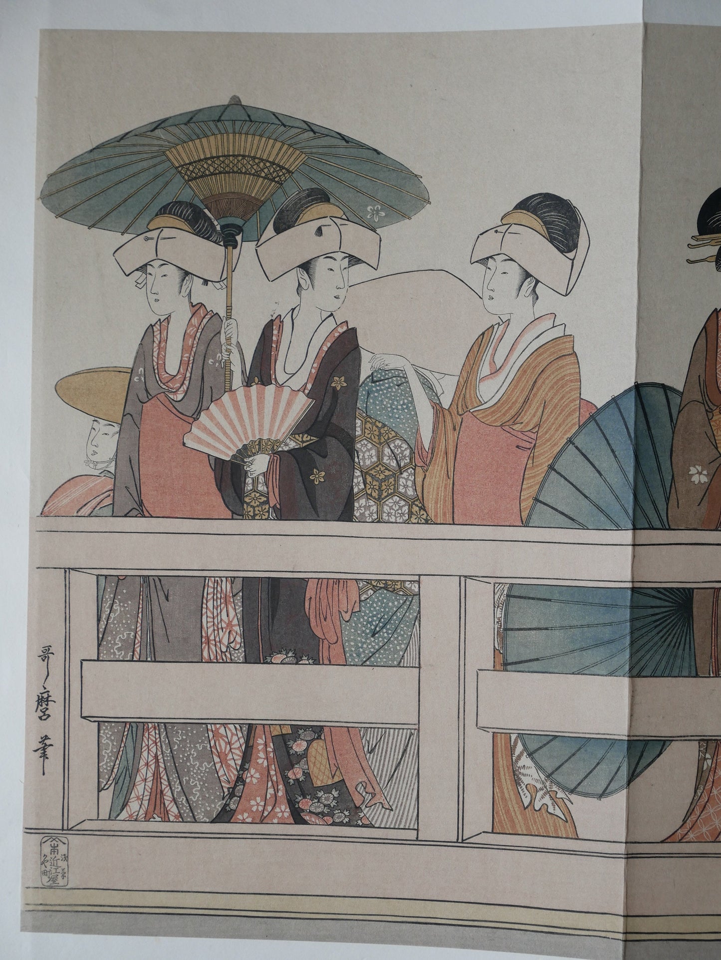 Ukiyoe-ha-gashu, 1906, Japanese antique woodblock print, Kitagawa Utamaro, "On Top of and beneath Ryôgoku Bridge"