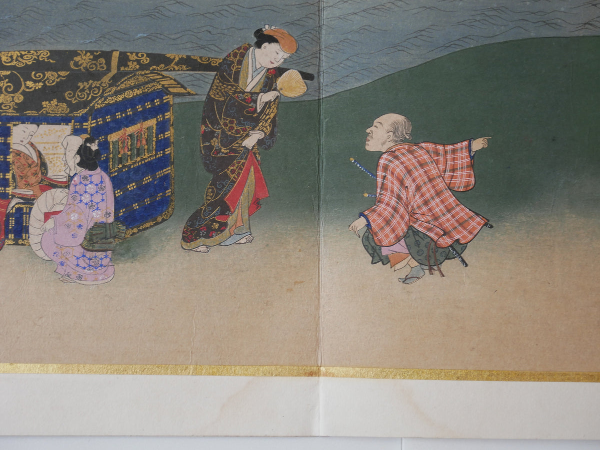Ukiyoe-ha-gashu, 1906, Japanese antique woodblock print, Miyagawa Choshun, "四季行楽図"