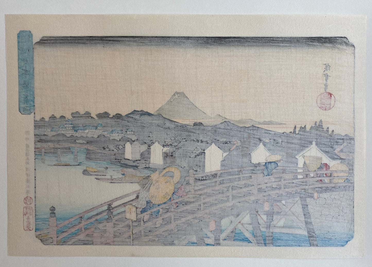 Japanese Ukiyo-e, woodblock print, Hiroshige, "Shower on Nihonbashi Bridge (Nihonbashi no hakuu)".