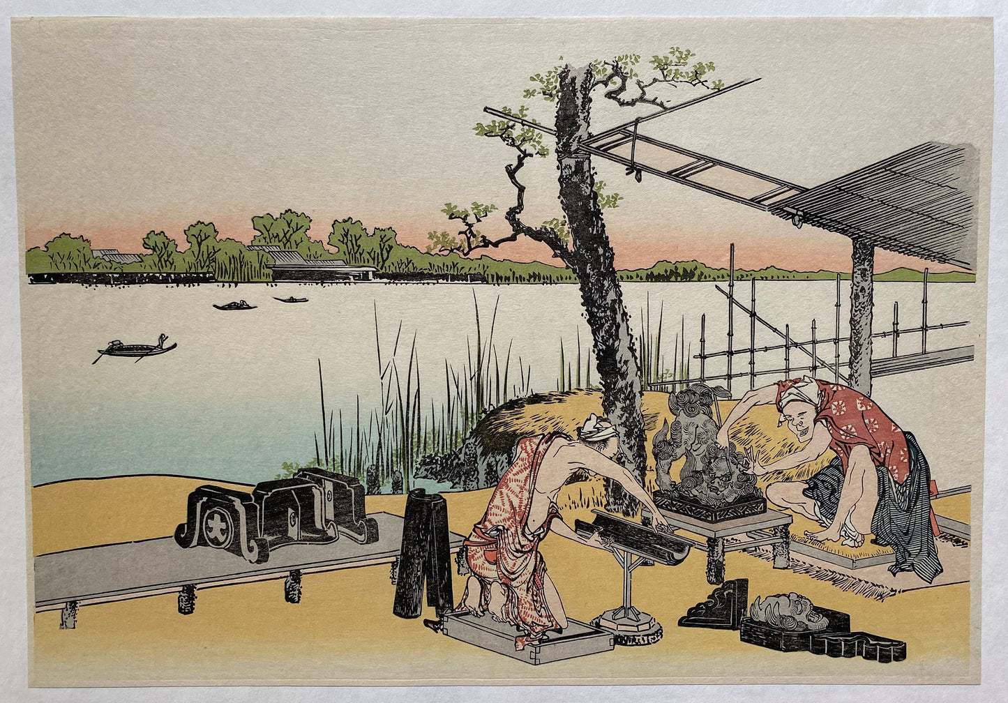 Japanese Ukiyo-e, Woodcut print, 1972, Hokusai, "Ceramic factory at Imado, Asakusa".