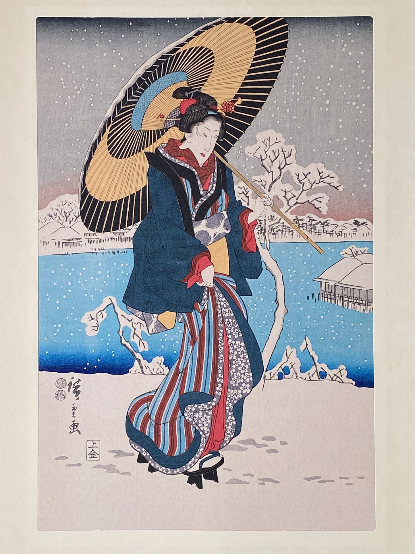 Japanese Ukiyoe, woodcut print, Utagawa Hiroshige, "Snow Scene at Shinobazu Pond in Ueno (Ueno Shinobazu no ike yuki no kei)"