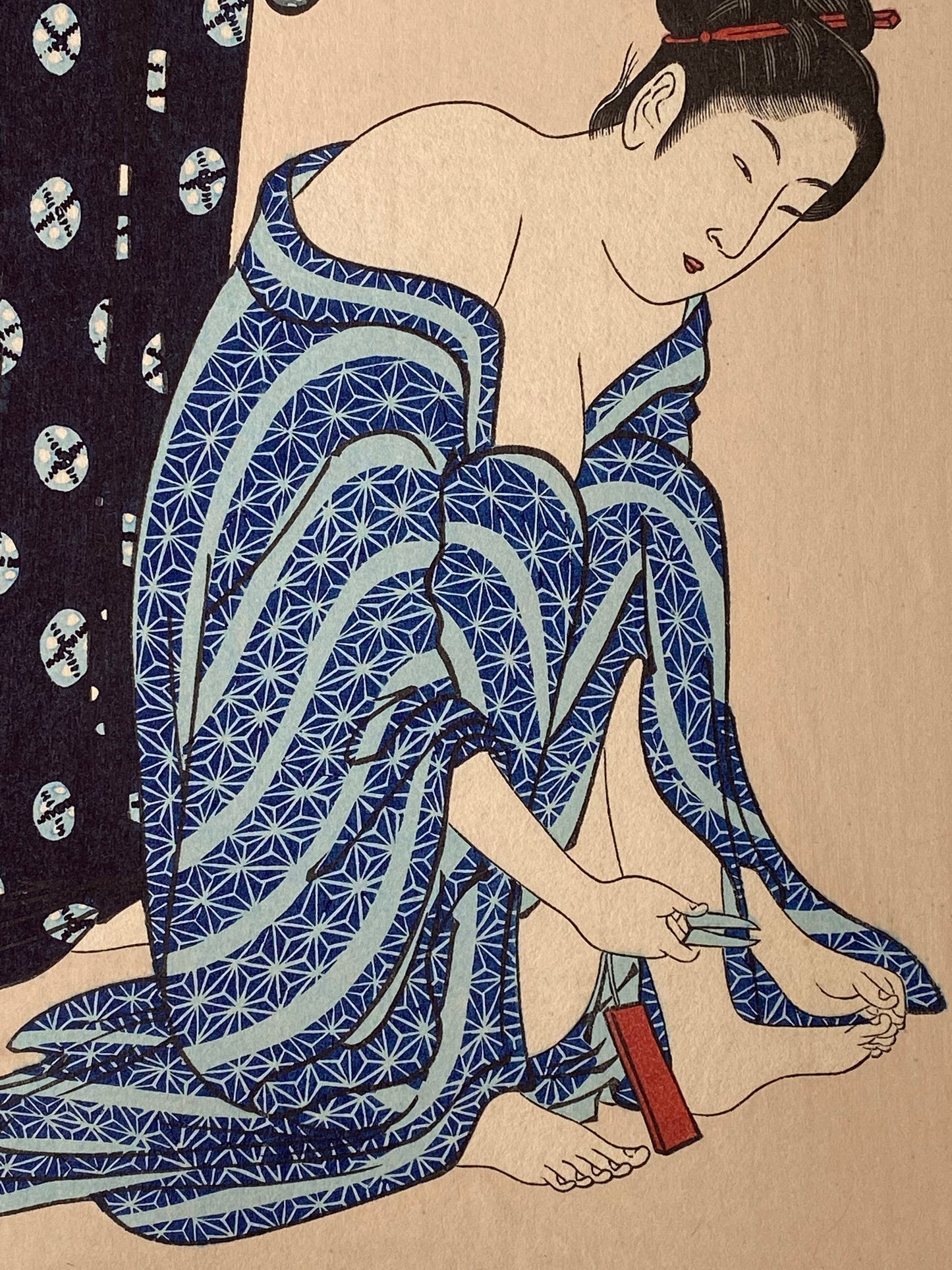 Japanese Ukiyoe, woodcut print, Torii Kiyonaga, "Cutting the Toenails"