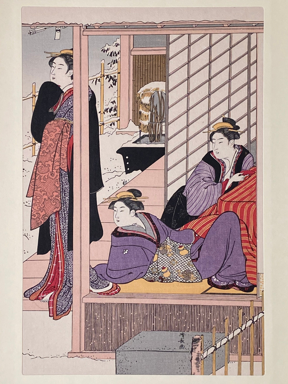 Japanese Ukiyoe, woodcut print, Torii Kiyonaga, "Viewing a snow covered garden"