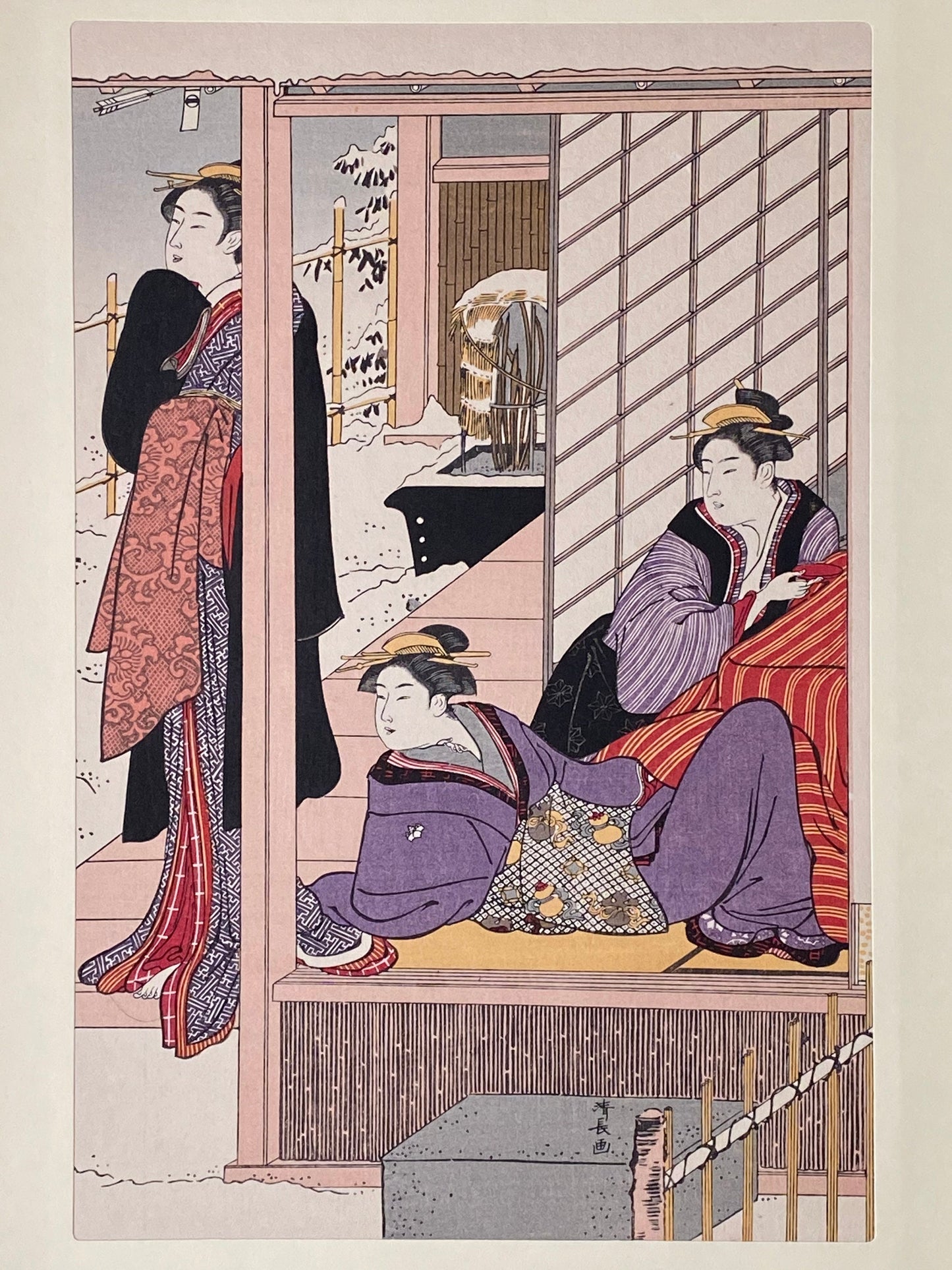 Japanese Ukiyoe, woodcut print, Torii Kiyonaga, "Viewing a snow covered garden"