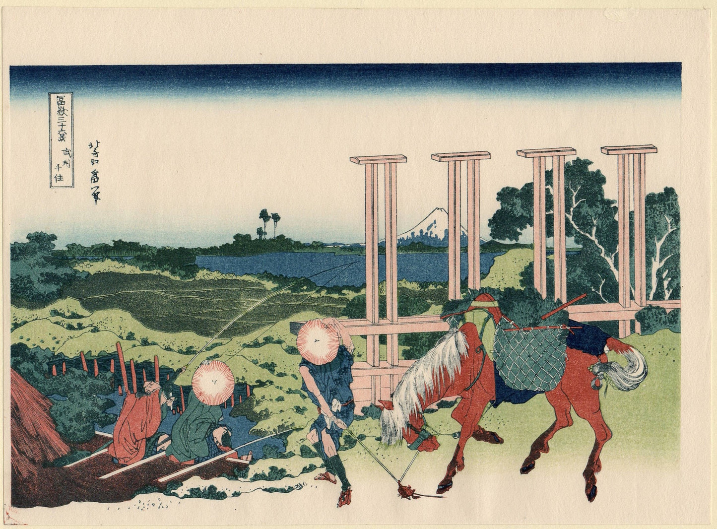 Japanese Ukiyo-e Woodblock print, Hokusai, "Senju in Musashi Province"