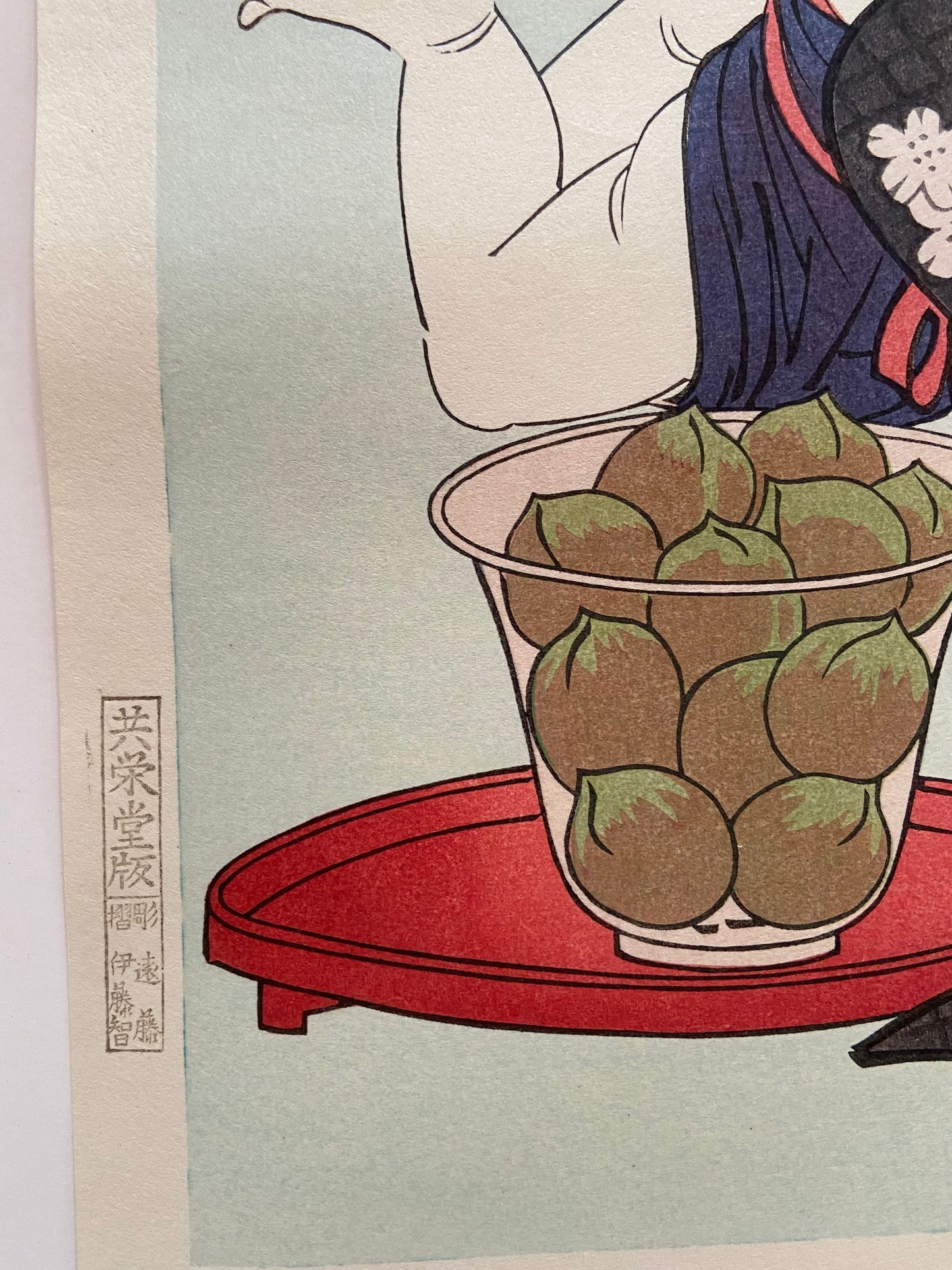 Japanese Ukiyoe, woodcut print, Extra Large size, Utamaro, "Mother Peeling Fruit While Child Watches"