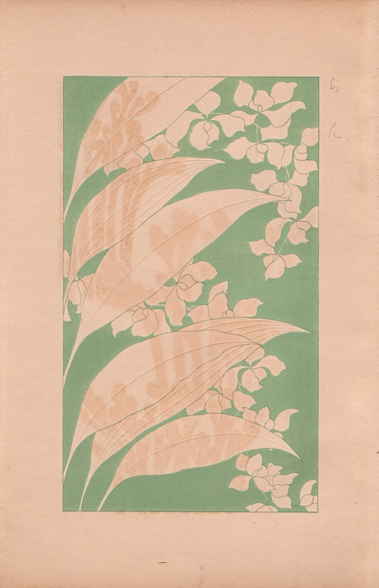 Japanese design, antique, 1932, Kawarazaki Kodo, Orchid, woodblock print.