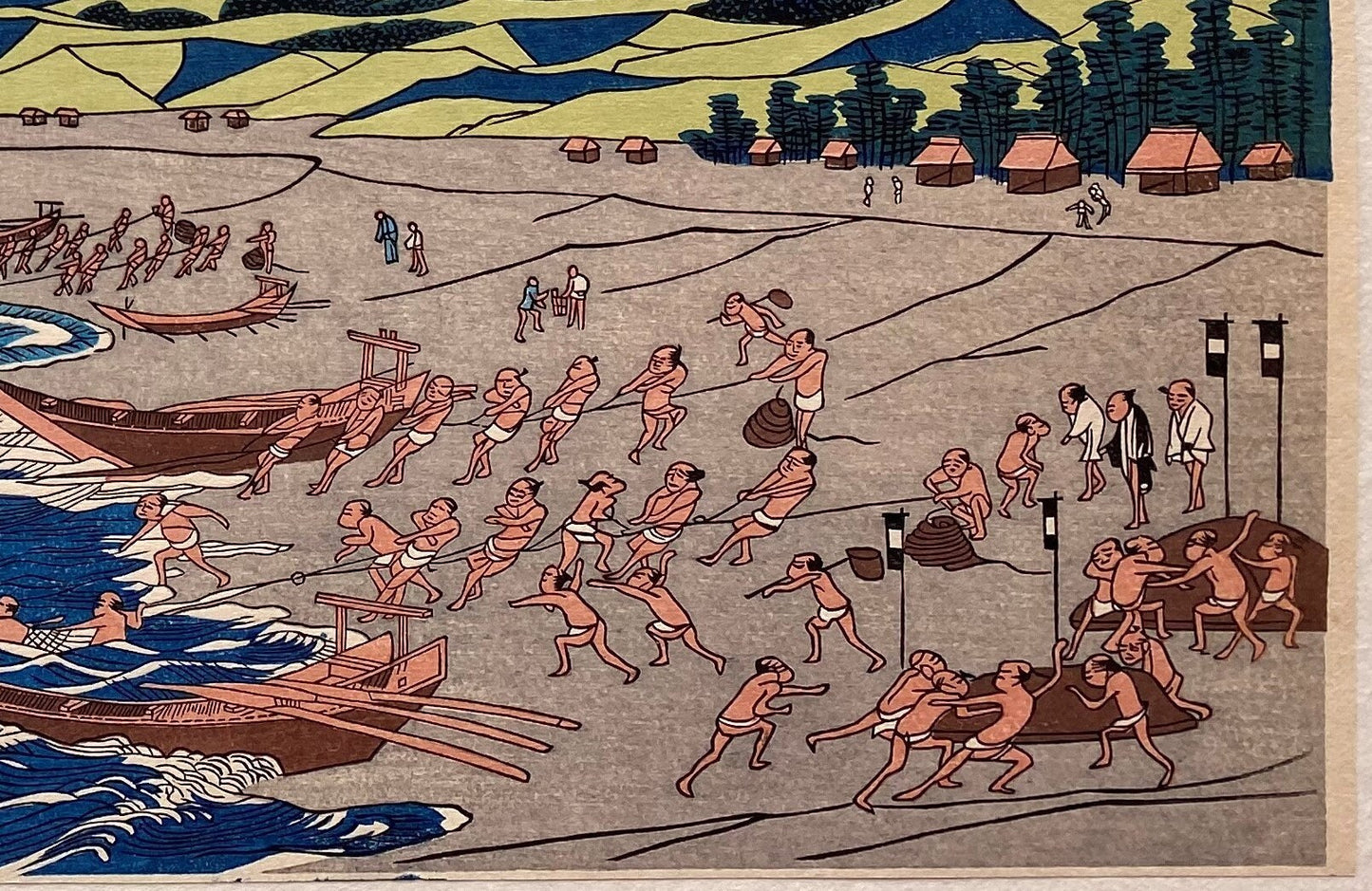 Japanese Ukiyoe, woodcut print, Shotei Hokuju, "Dragnet fishing at Kujukuri beach"