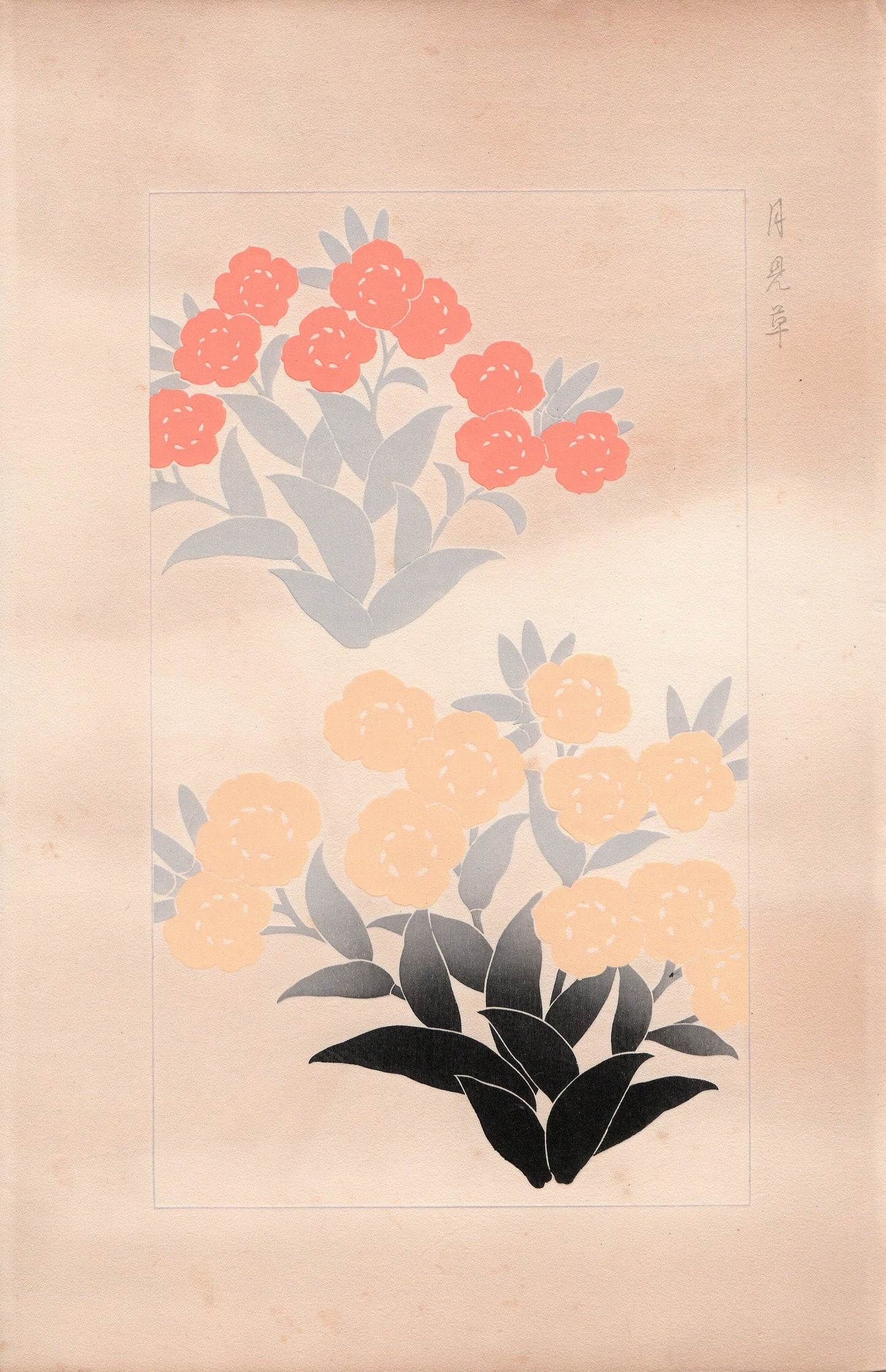 Japanese design, antique, 1932, Kawarazaki Kodo, Evening primrose, woodblock print.