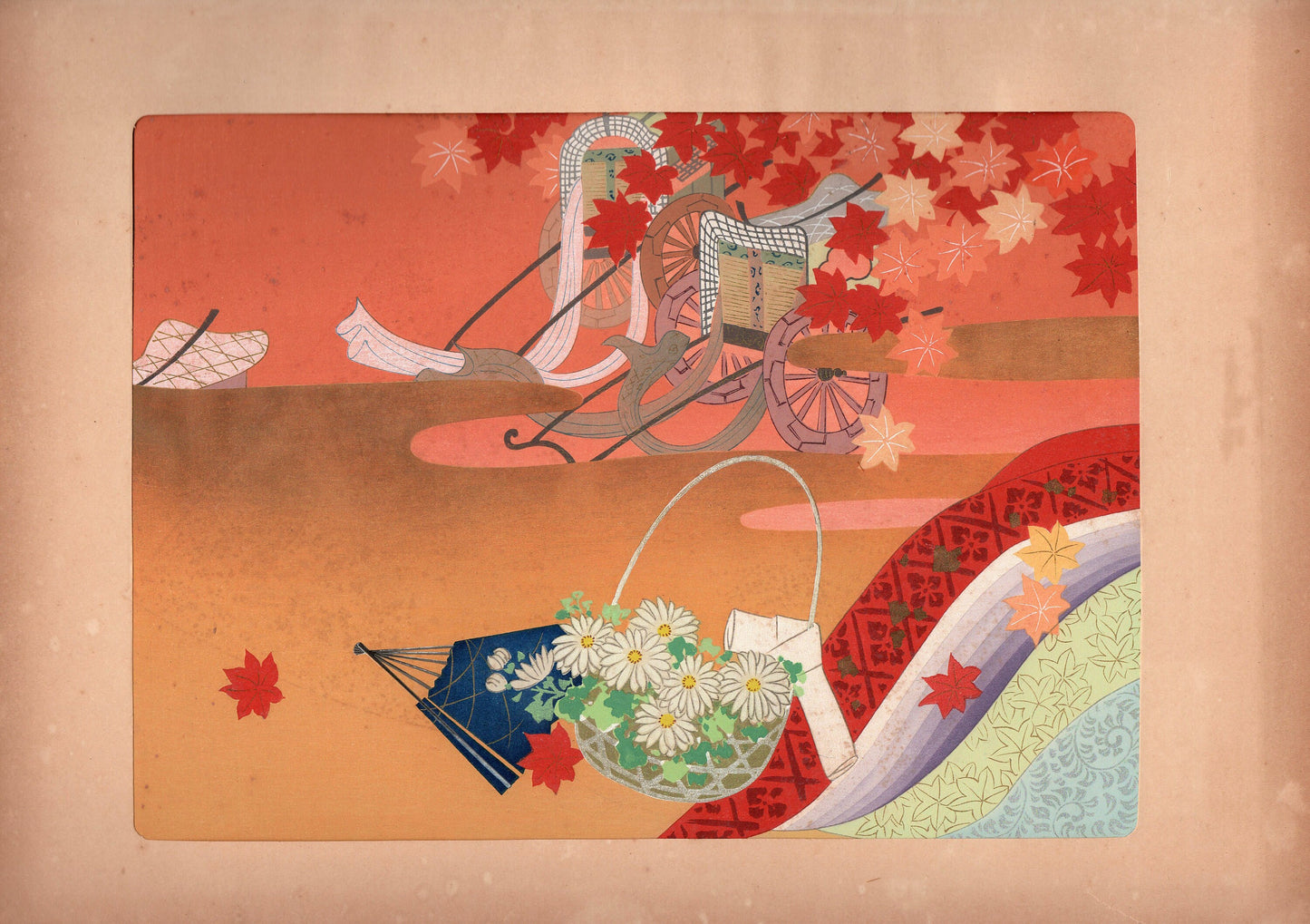 Japanese antique woodblock print, Design, Noh and Kyogen, Yamaguchi Ryoshu, Hanagatami.