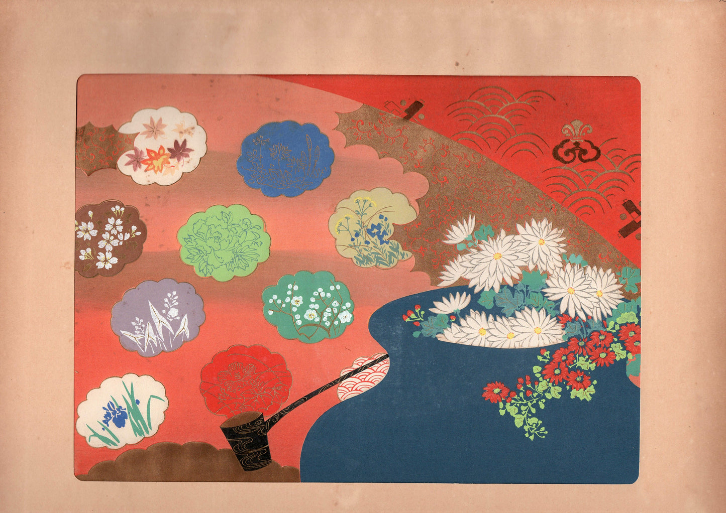 Japanese antique woodblock print, Design, Noh and Kyogen, Yamaguchi Ryoshu, Shōjō.