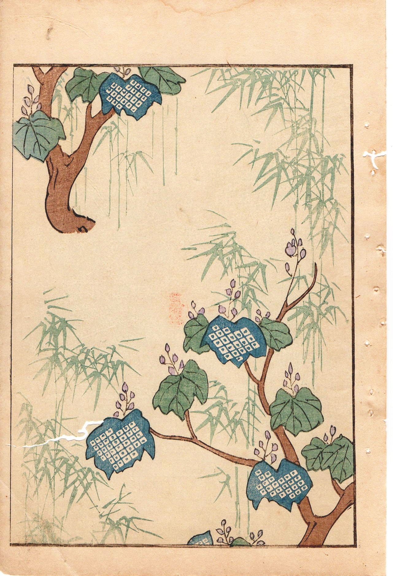 Japanese Antique Original Woodcut Print, c 1900, Bijutsukai 1, Sekka, Korin