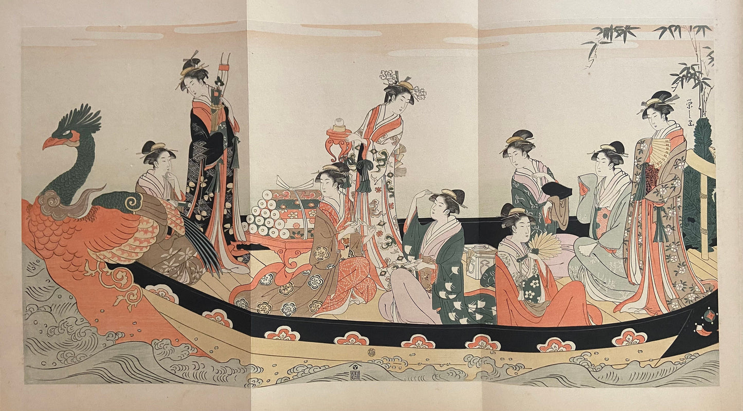 Ukiyoe-ha-gashu, Japanese antique Ukiyoe, woodcut print, 1906, Hosoda Eishi, "The Treasure Boat"