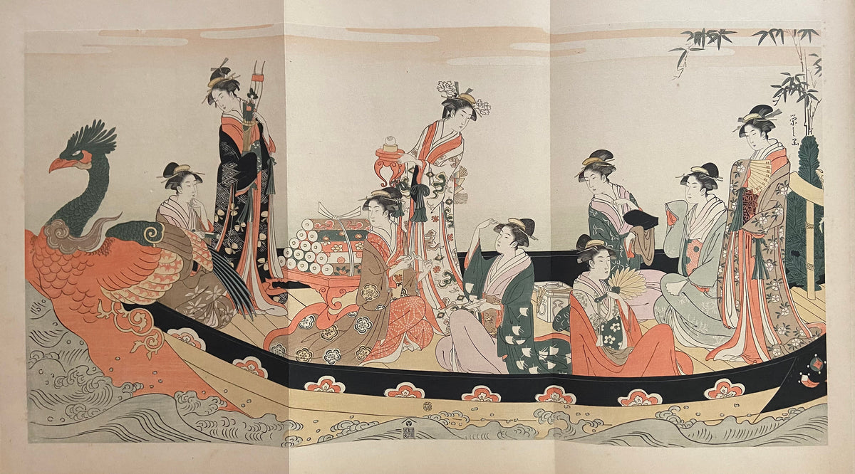 Ukiyoe-ha-gashu, Japanese antique Ukiyoe, woodcut print, 1906, Hosoda Eishi, "The Treasure Boat"