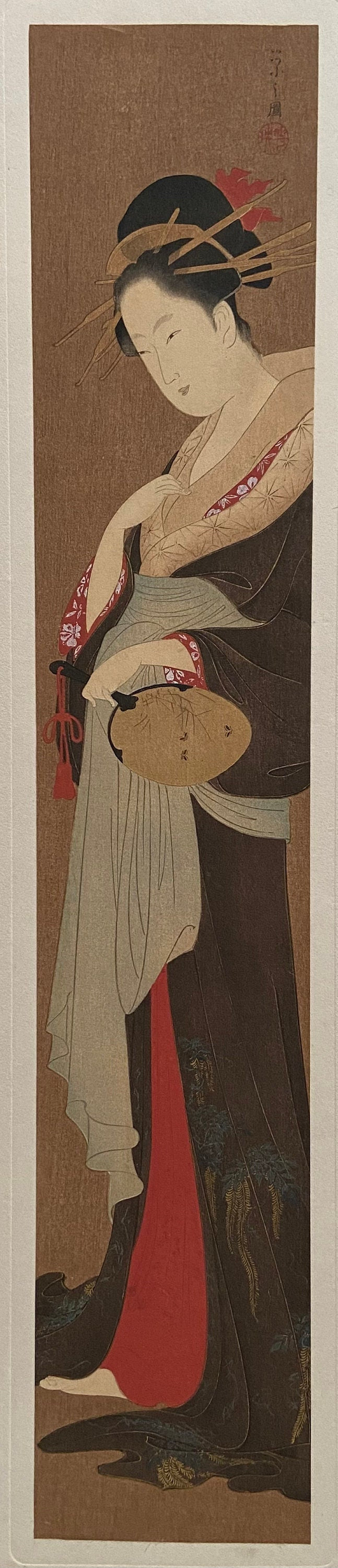 Japanese antique Ukiyoe, woodcut print, 1906, Hosoda Eishi, "把扇美人図", from Ukiyoe-ha-gashu.