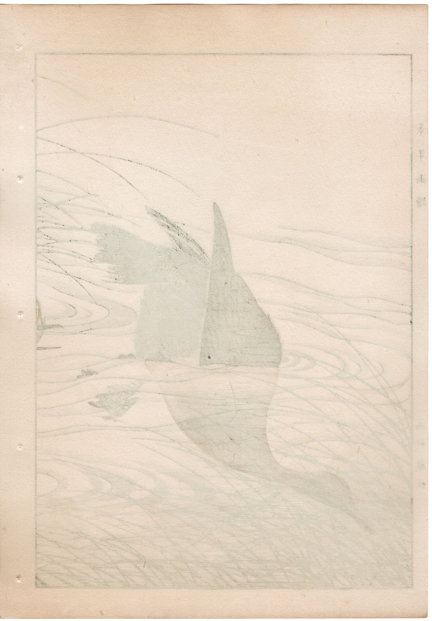 Japanese Antique Original Woodcut Print, 1892, Imao Keinen, "Clematis ternifora, Thatch, cormorant"
