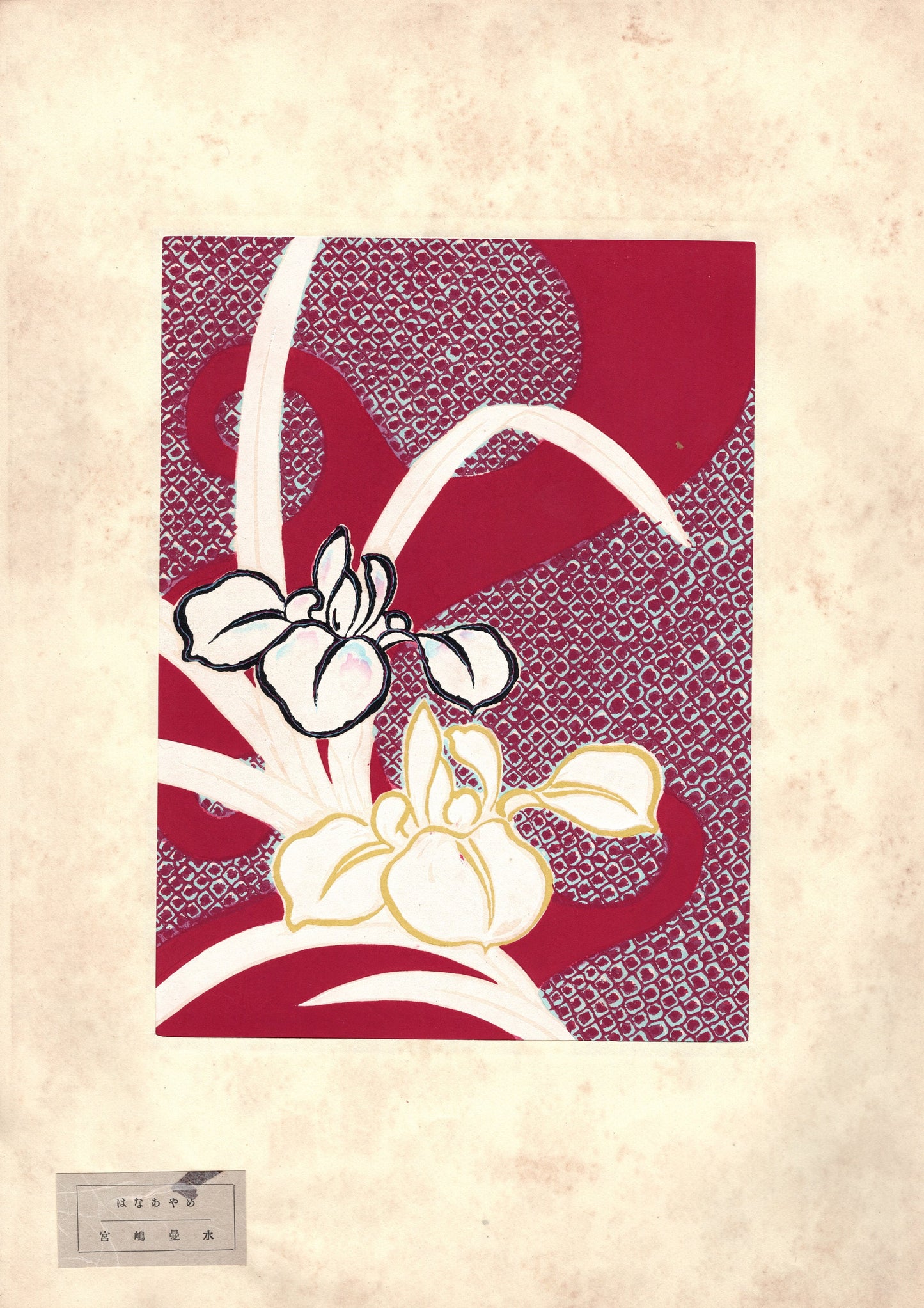 Japanese antique woodblock print, Design, 1939, Miyashima Mansui, Japanese iris.