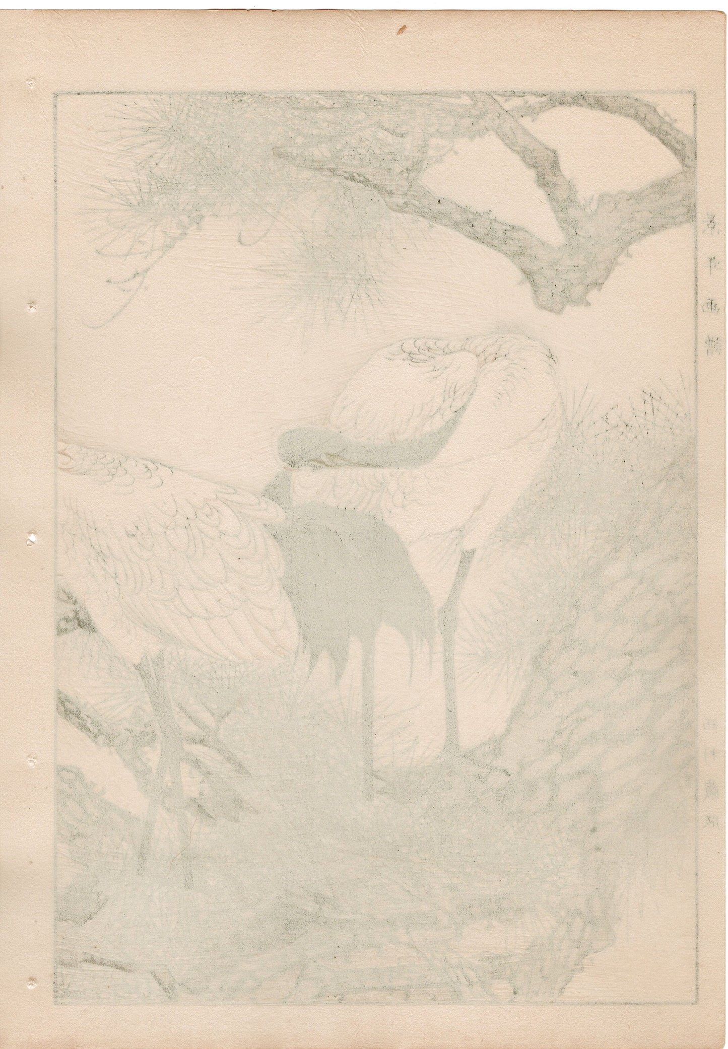 Japanese Antique Original Woodcut Print, 1892, Imao Keinen, "Old pine tree, Japanese crane"