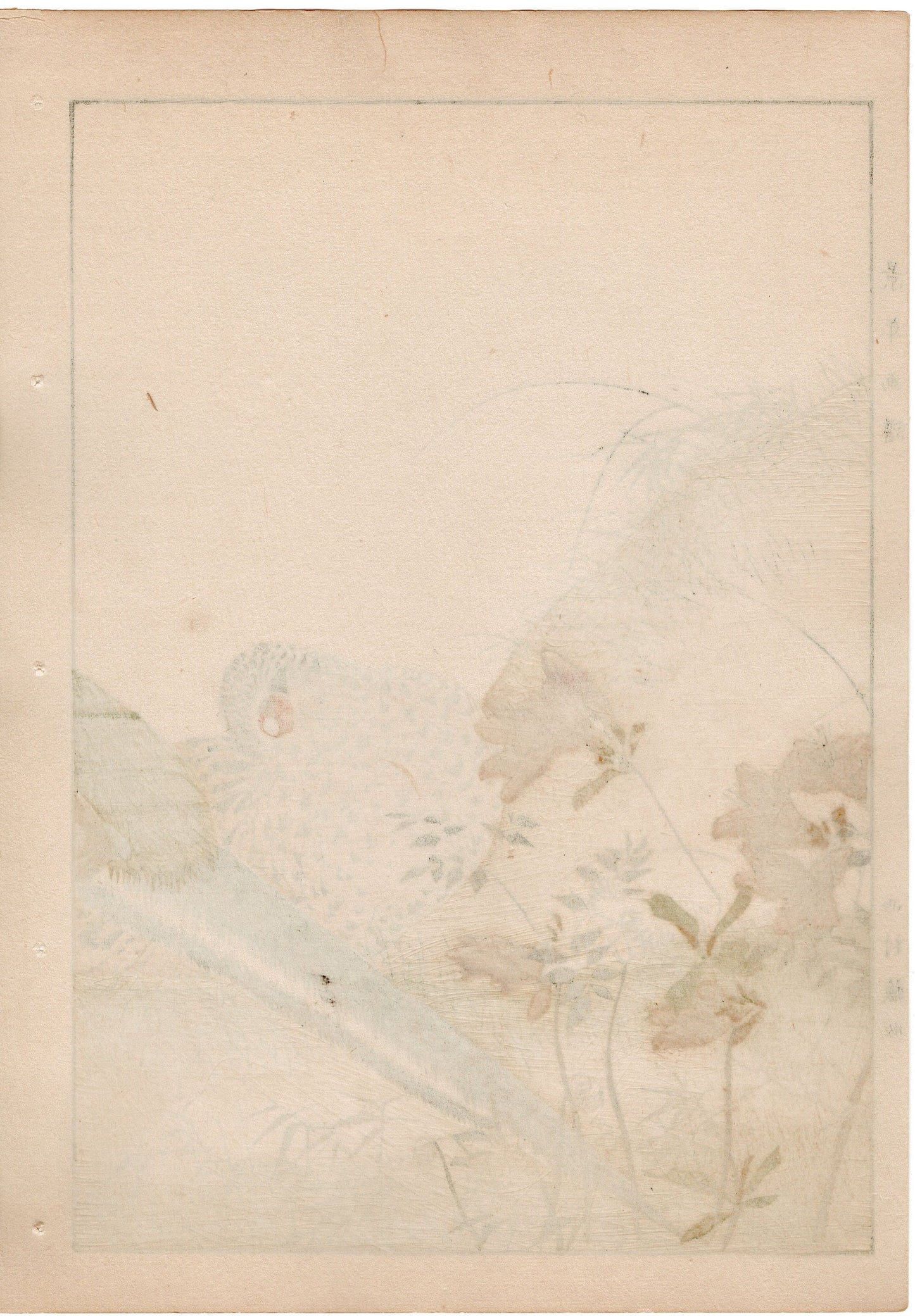 Japanese Antique Original Woodcut Print, 1892, Imao Keinen, " Azalea (Tsutsuji), Zenmai, Pheasant (Kiji) "