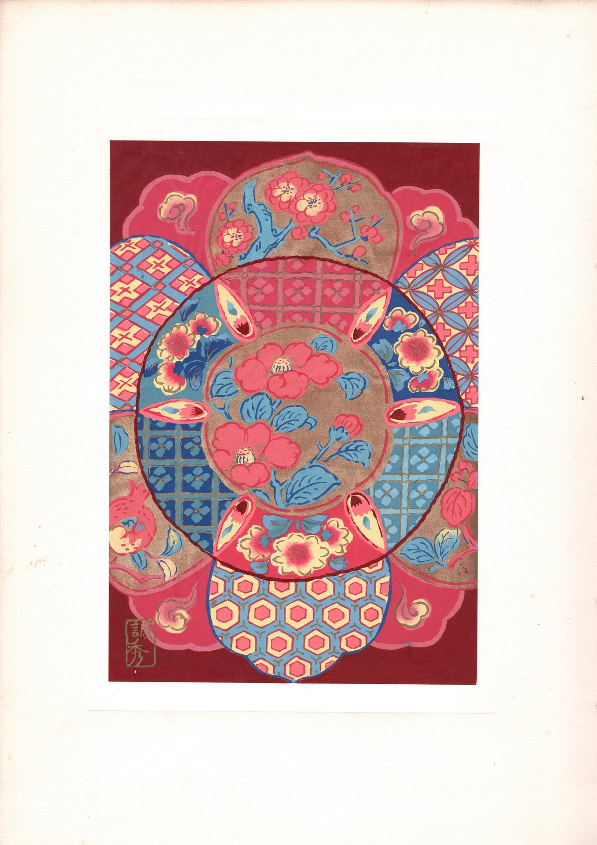 Japanese antique woodblock print, Design, 1938, Antique Kimono Design.