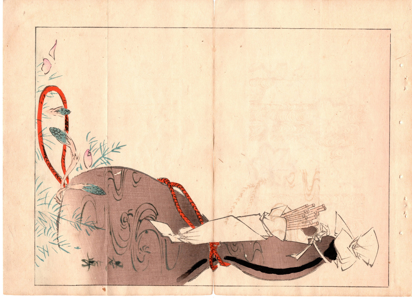 Japanese Antique Original Woodcut Print, c 1900, Bijutsukai 4, Sekka, Korin