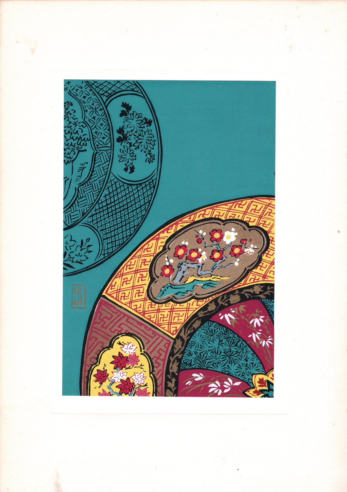 Japanese antique woodblock print, Design, 1938, Antique Kimono Design.