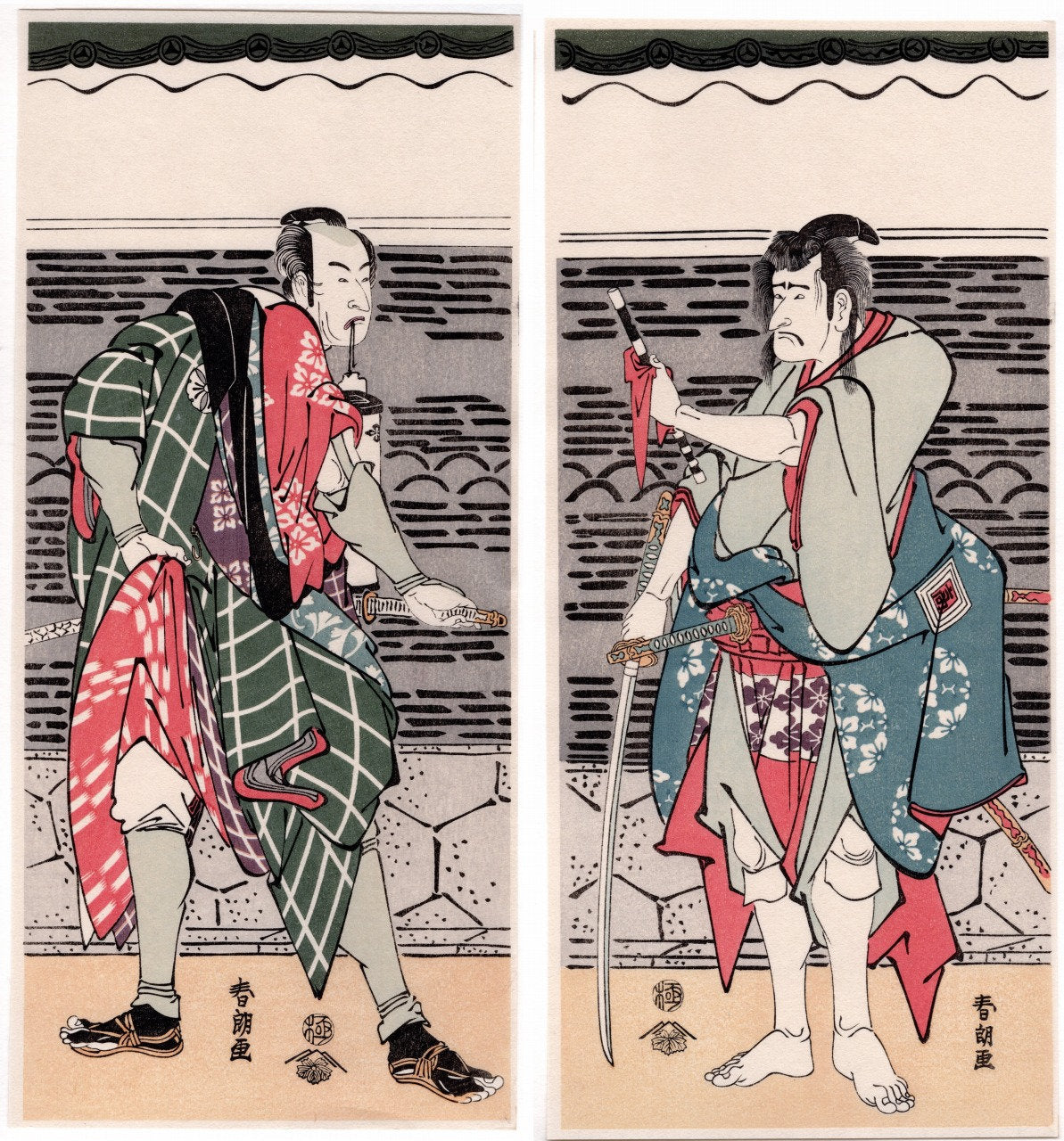 Japanese Ukiyo-e, Woodcut print, 1972, Hokusai, "The actors Ichikawa Kokazo 3 and Matsumoto Koshiro 4 "