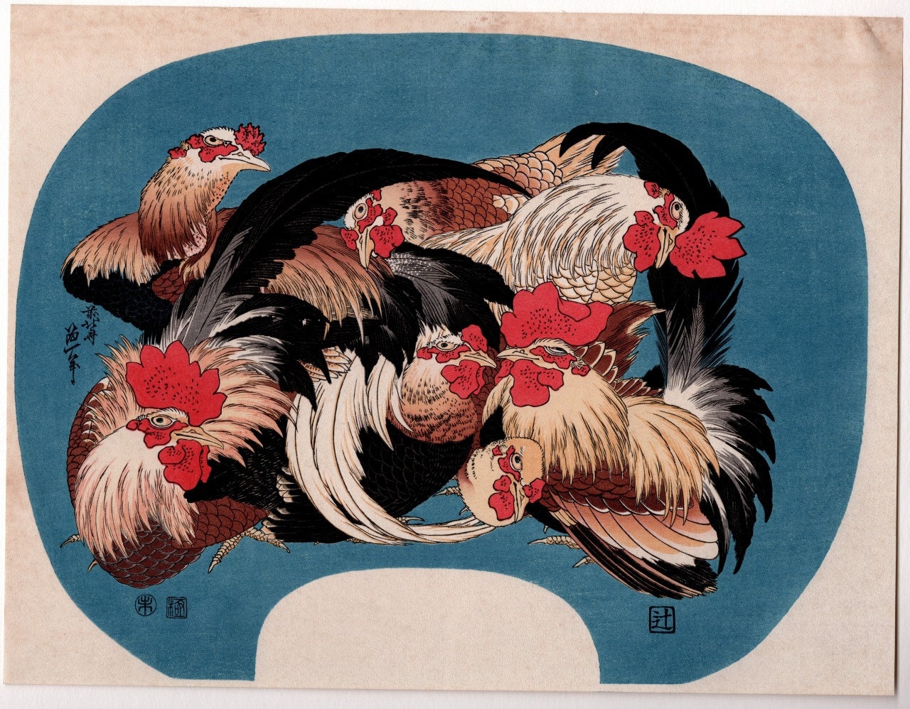 Japanese Ukiyo-e, Woodcut print, 1972, Katsushika Hokusai, "Flock of Chickens".