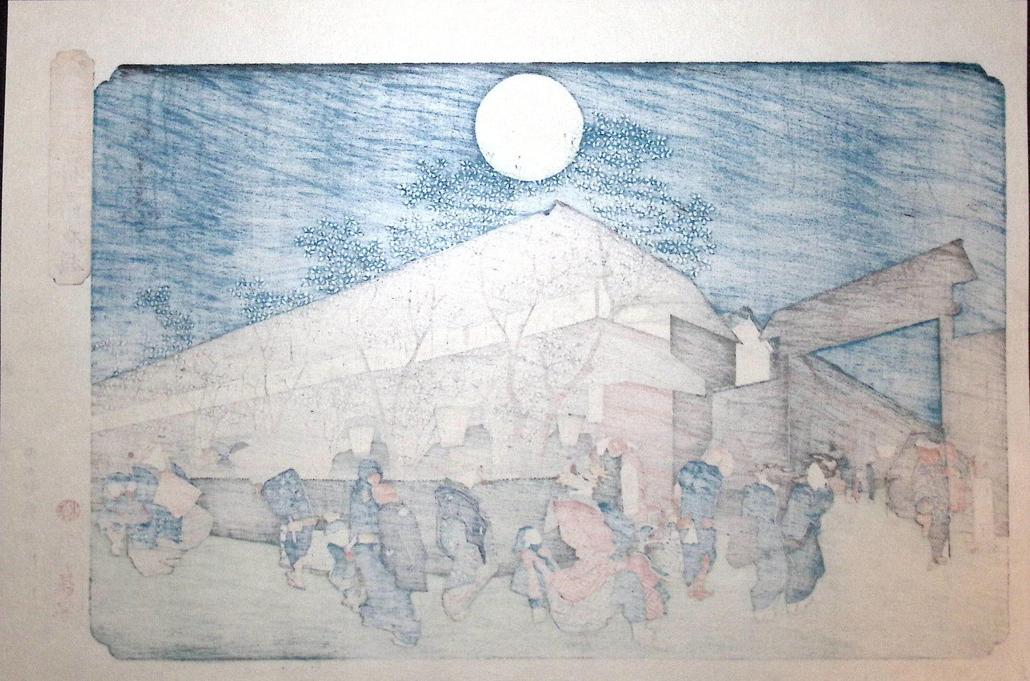 Japanese Ukiyoe, woodcut print, Hiroshige, "Nighttime Cherry Blossom in Nakanomachi, Yoshiwara Licensed Quarter"